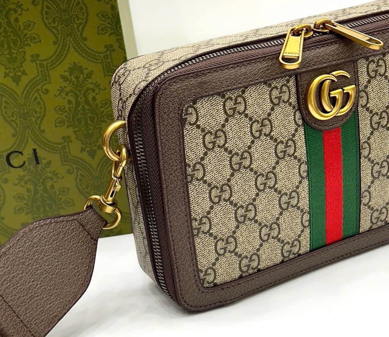 Túi hộp đeo chéo Gucci GC Nâu họa tiết monogram logo GG kẻ sọc Xanh Đỏ size 23x7.5x14.5cm Like Auth on web fullbox bill thẻ PLD